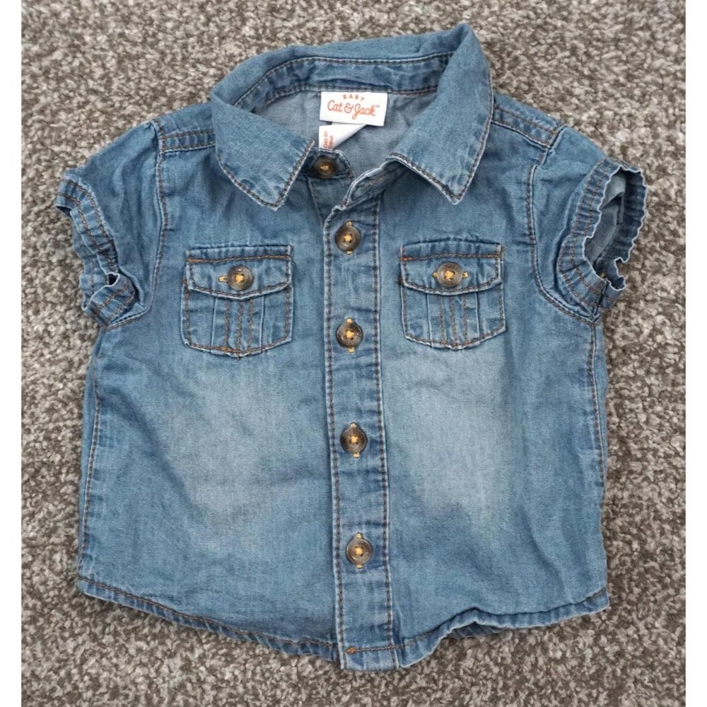 Cat & Jack Baby Boys Button Up Blue Denim Short Sleeve Collared Shirt Size 0-3m